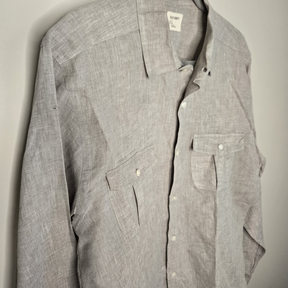 Men's Linen Cotton Blend Large L Beige Brown Linen Sport Shirt Button Up Career - Picture 5 of 9